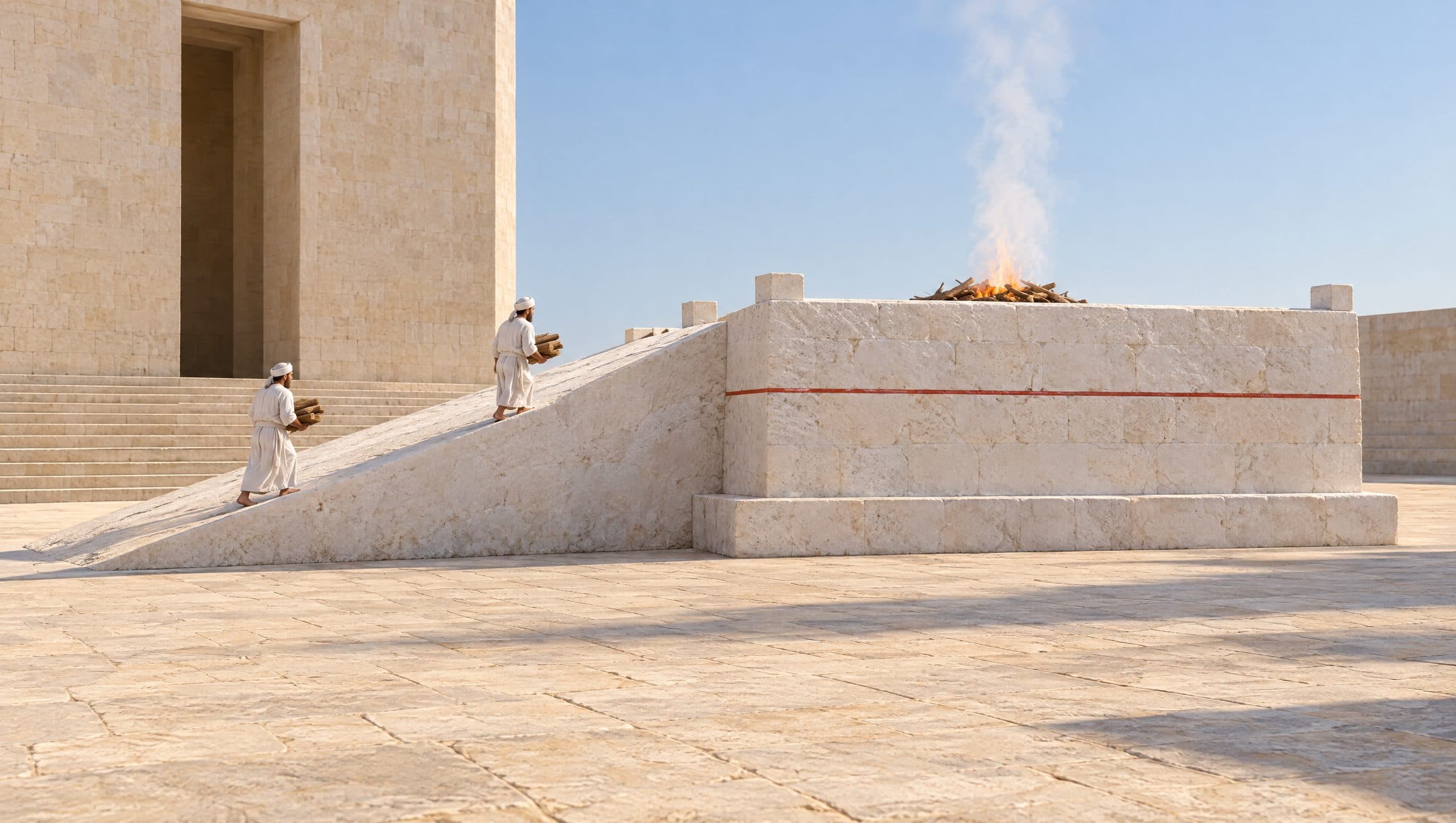 Reconstruction: the great altar of whitewashed unhewn stone, broad and low, with a red line around its middle and square stone horns at its corners; two barefoot priests carry wood up the smooth ramp, which has no steps.