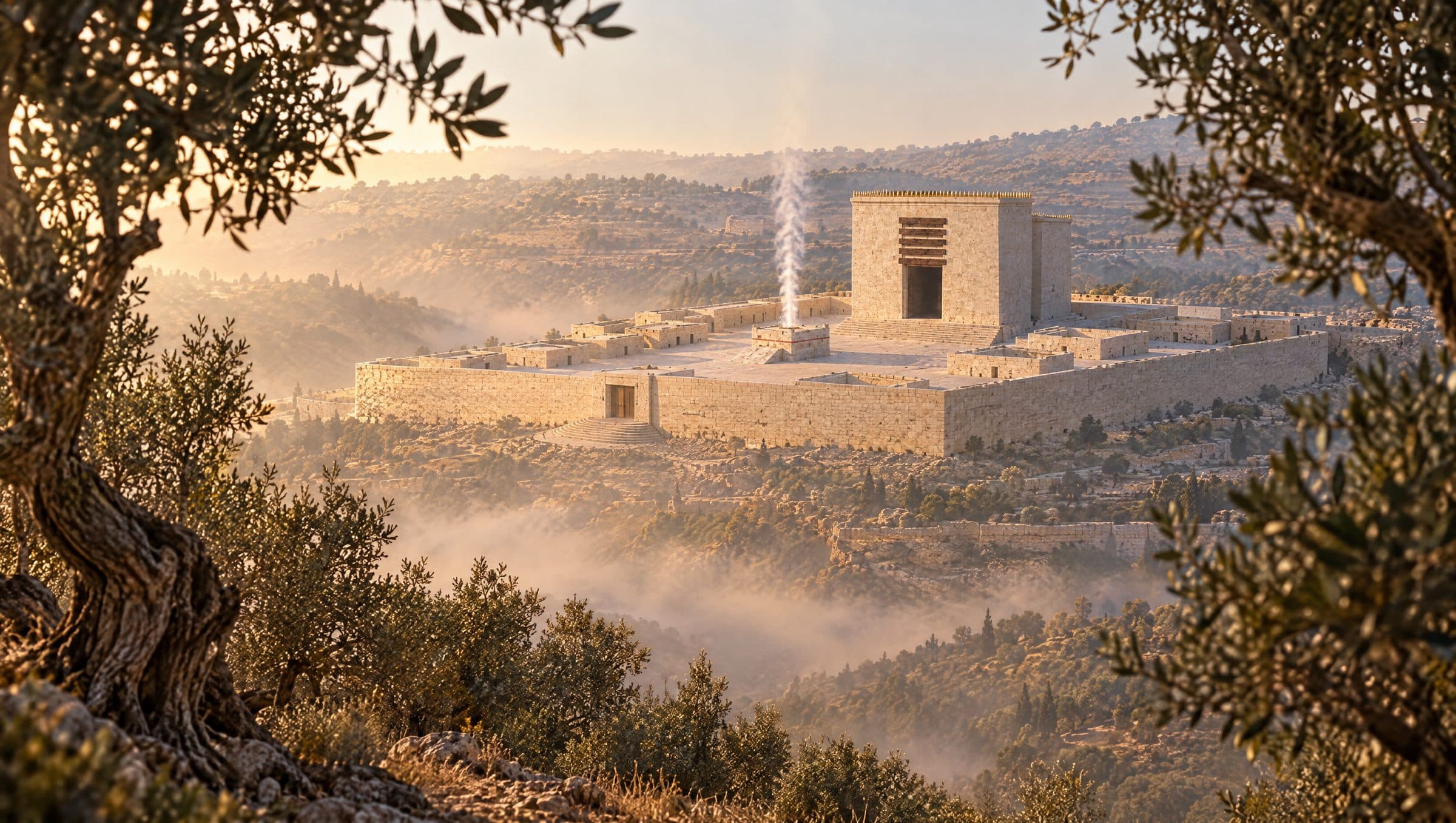 Reconstruction: view from among olive trees on the Mount of Olives across the misty Kidron valley to the Temple platform, smoke rising straight up from the altar before the square-fronted Sanctuary.