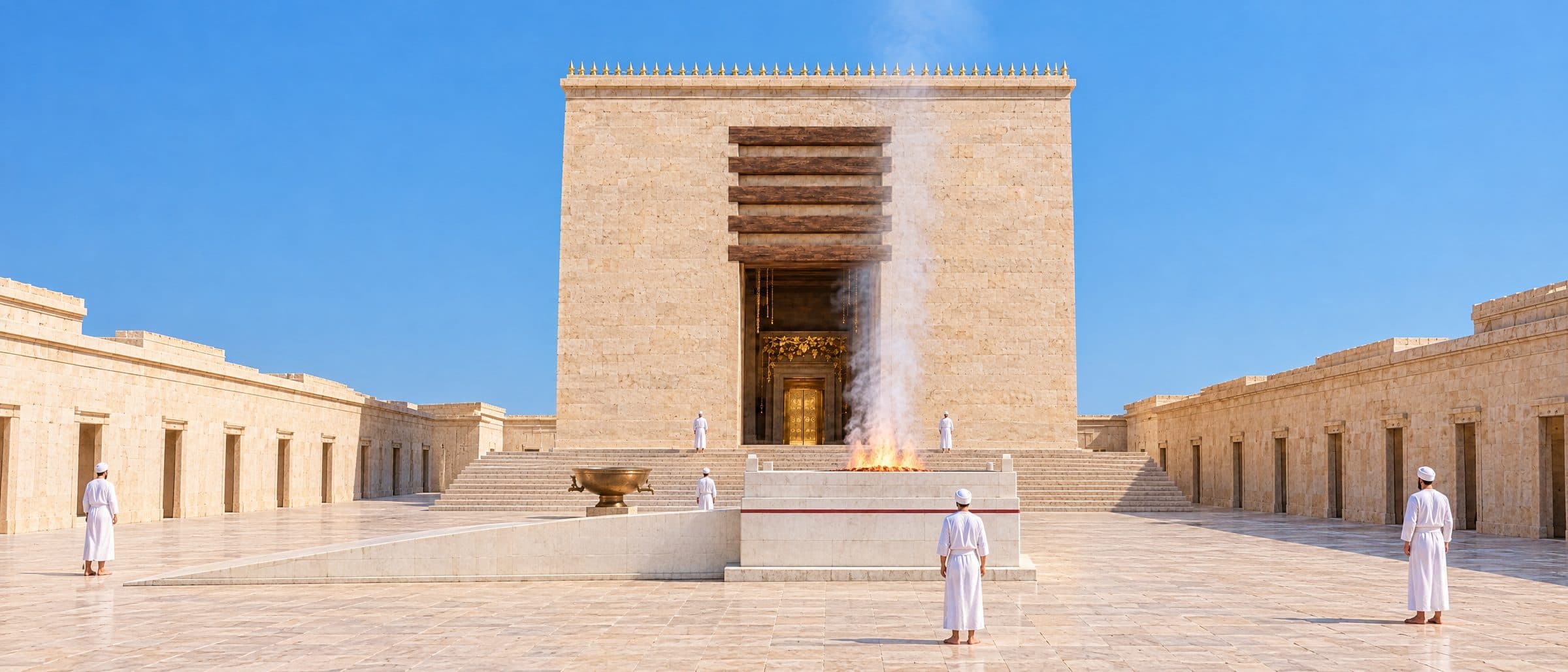 Reconstruction: the inner courtyard looking west along the axis; the altar with its red line stands before the Sanctuary, its smooth ramp running south, a bronze laver beside the steps, barefoot priests in white linen, and the Sanctuary's square front with its doorless opening and golden vine within.