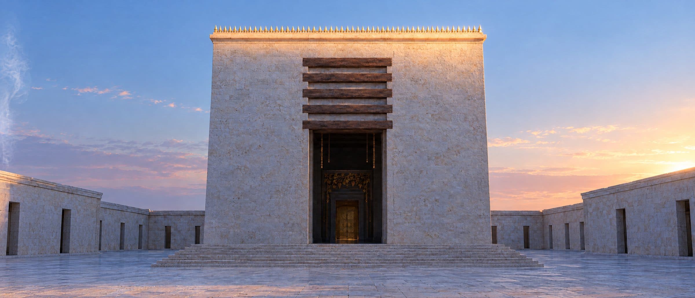 Reconstruction: the empty inner court at first light, seen from between the altar and the porch; twelve broad steps rise to the Sanctuary's doorless opening under five stacked oak lintels, the golden vine faintly visible inside.