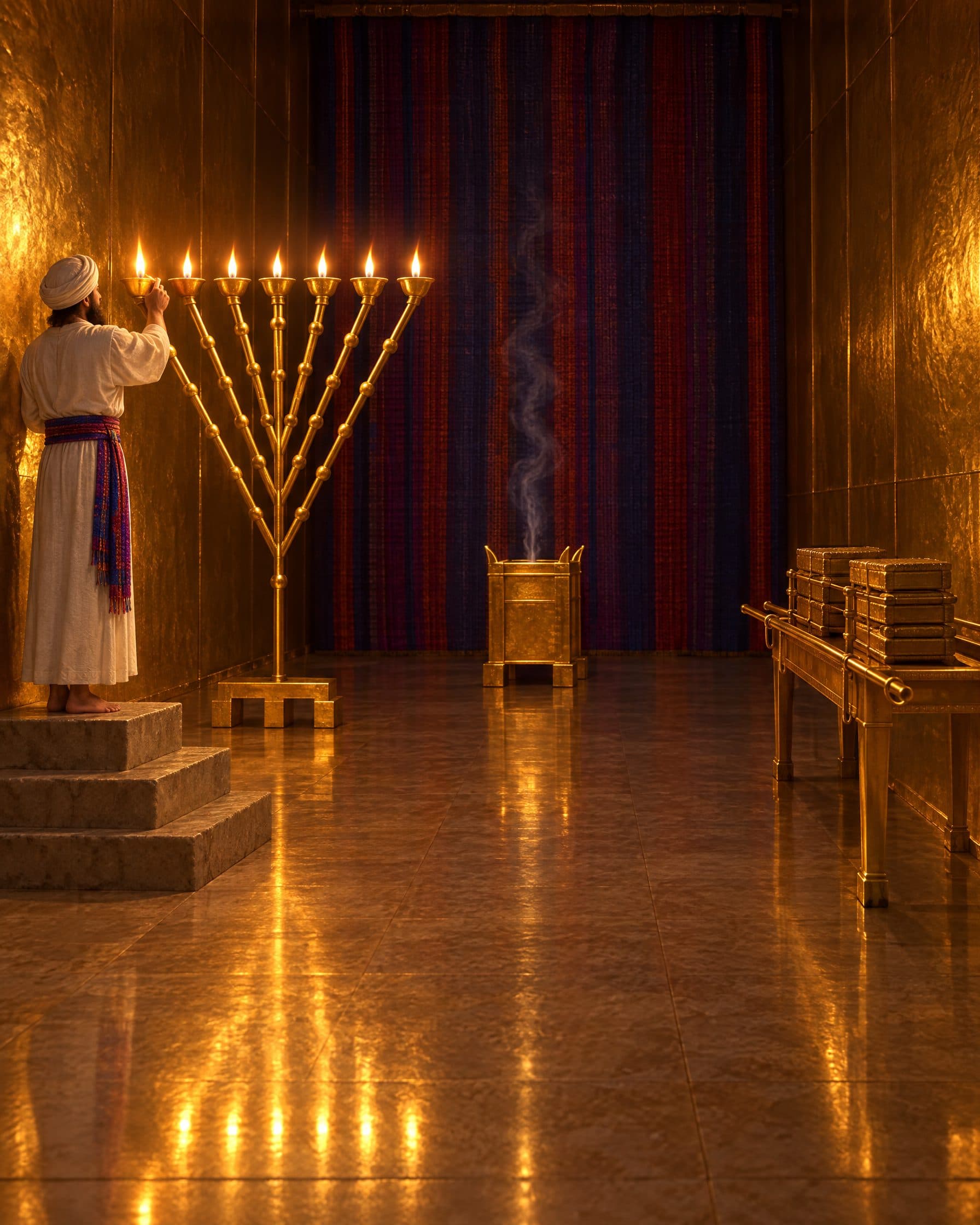 Reconstruction: inside the gold-lined Heichal, a barefoot priest on the three-step stone tends the Menorah, seven lamps level on straight diagonal branches; the incense altar and the Table with two stacks of six loaves; a woven curtain at the far end.
