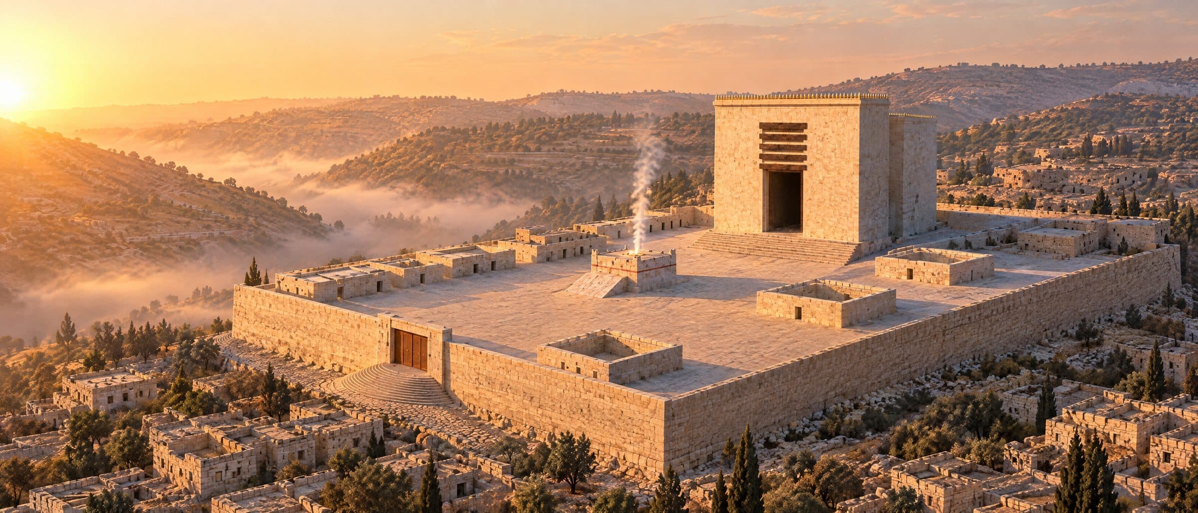 Reconstruction: sunrise over the Judean hills, the Temple platform on its ridge above a limestone city; the square-fronted Sanctuary, the low altar with a smooth ramp and a straight column of smoke.