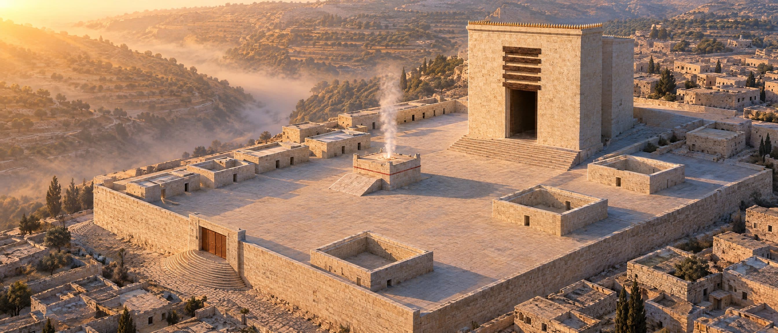 Reconstruction: the Temple at dawn seen from the Mount of Olives, mist in the Kidron valley, the walled platform with the Court of Women and its open corner chambers, the broad low altar with its ramp, and the Sanctuary's square limestone front with a doorless opening under stacked lintels.