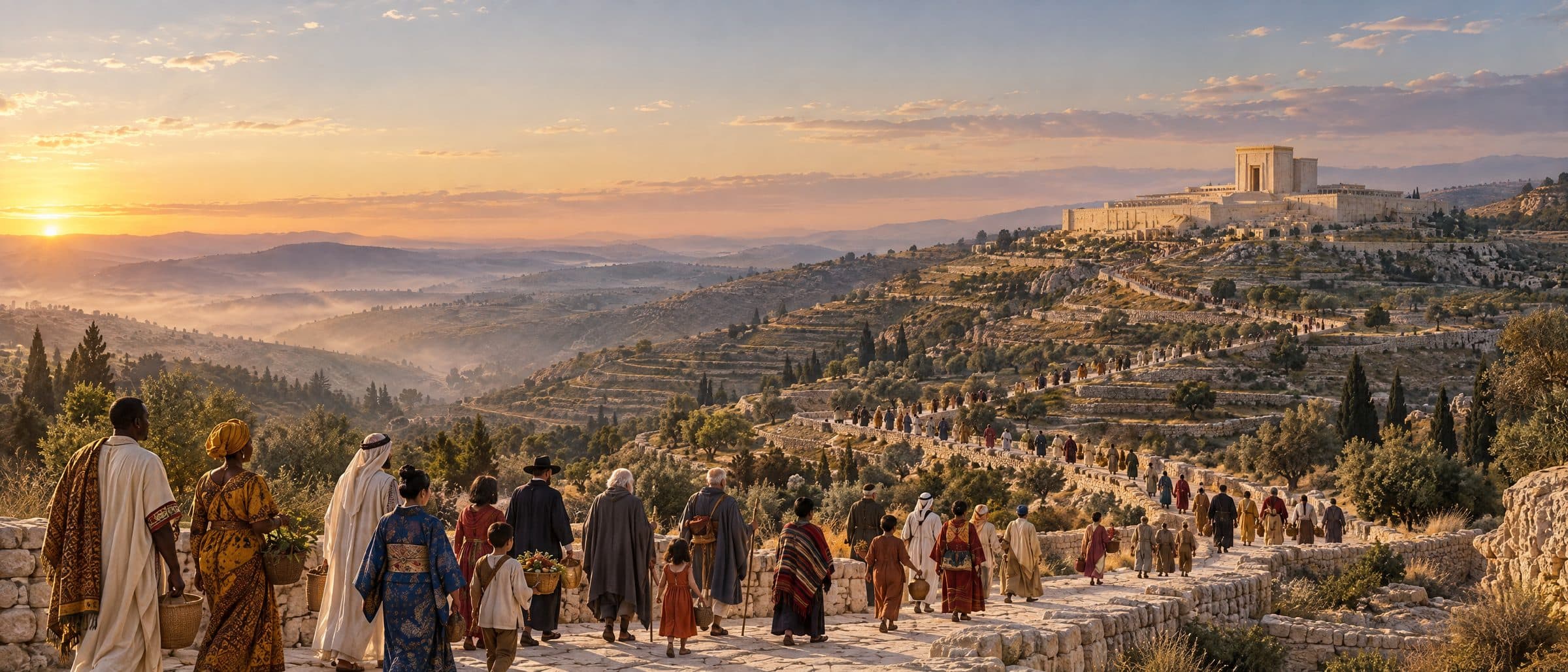 Reconstruction: people of many nations in their own traditional dress walk along terraced roads toward Jerusalem at sunrise; the Temple stands small on the distant ridge.