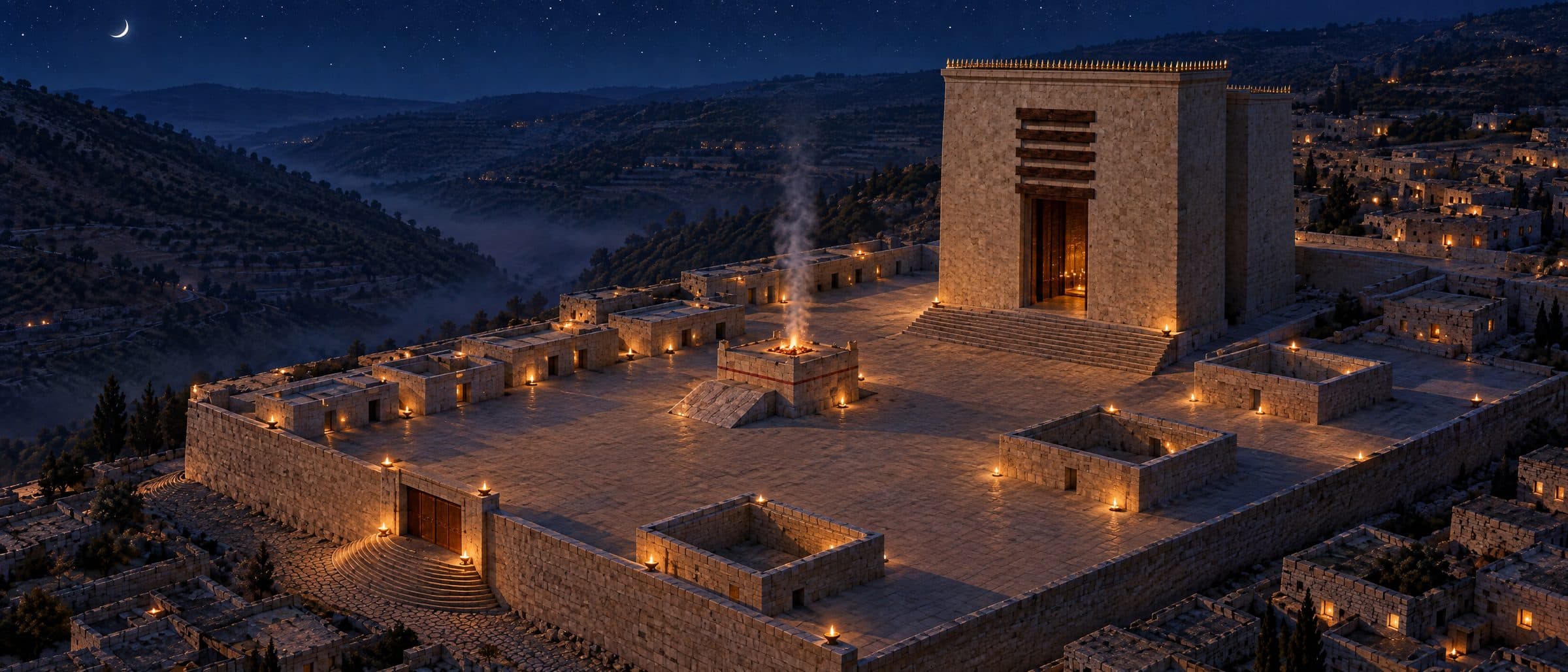 Reconstruction: the Temple platform at night under stars and a thin crescent moon, the Sanctuary's open doorway glowing, the courts lit only by oil lamps and the embers of the altar.