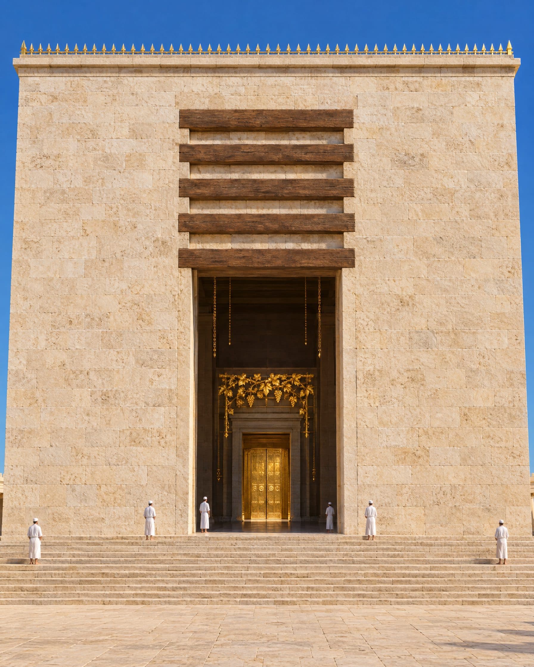 Reconstruction: the Sanctuary facade, a square limestone front with a doorless opening under five stacked oak lintels; inside the porch the golden vine above the gold-plated doors of the Heichal; barefoot priests on the twelve steps.