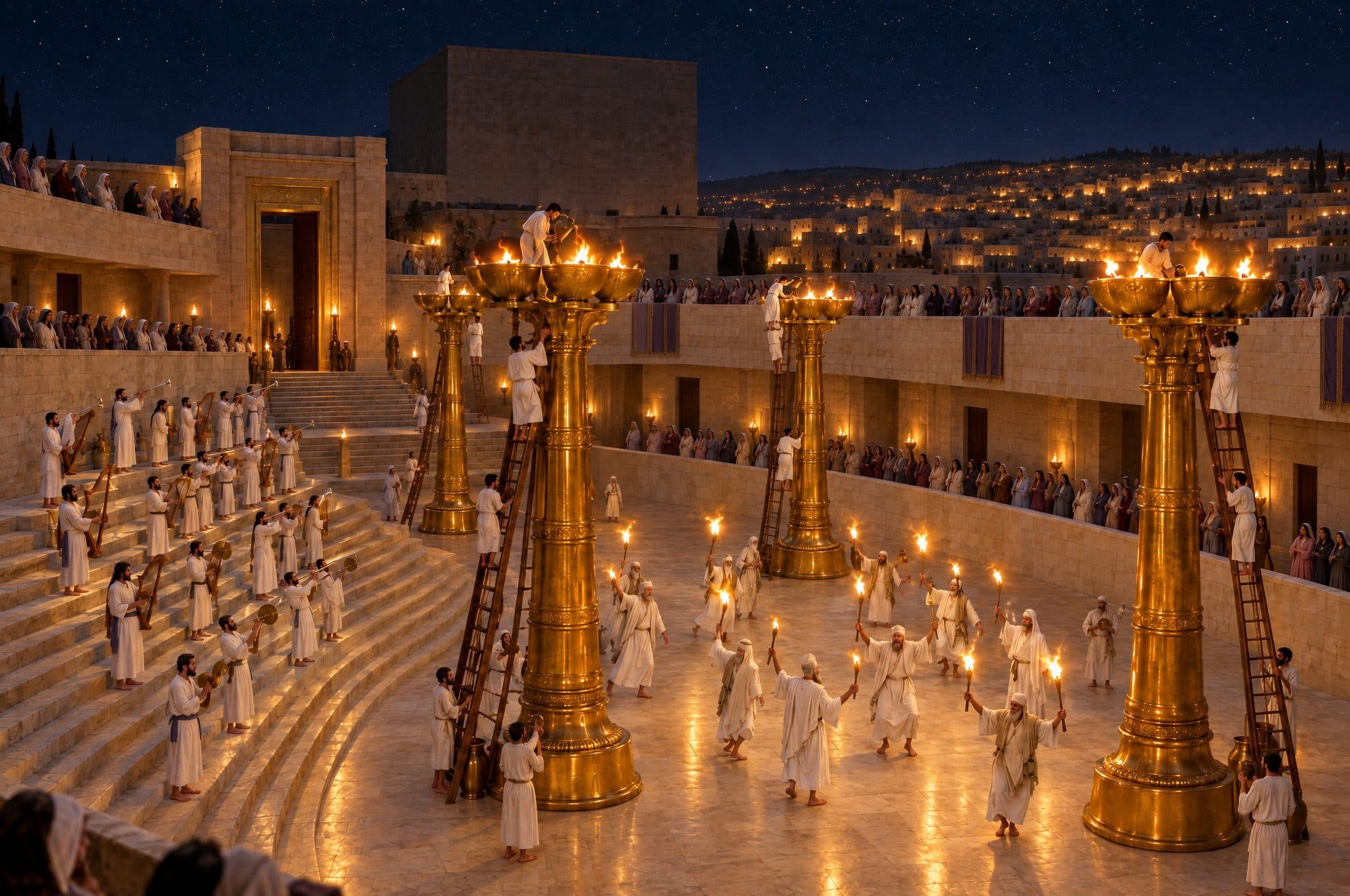Reconstruction: night in the Women's Court during Sukkot, tall golden lamp-stands with ladders, barefoot elders dancing with torches, Levites with instruments on the fifteen curved steps, women watching from the balcony.